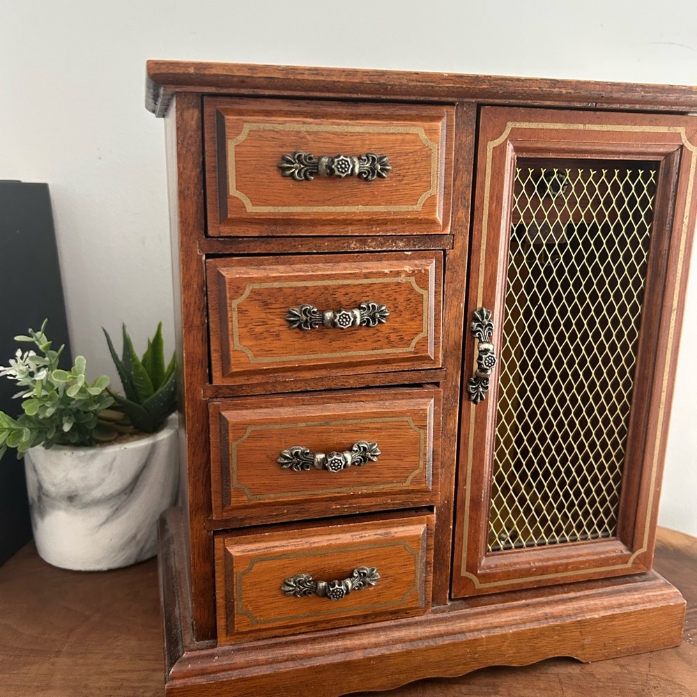 Vintage Musical Wooden Jewelry Box Armoire drawers metal mesh door velvet